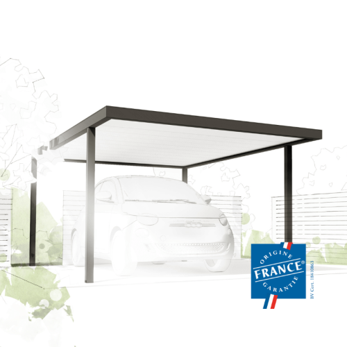 Carport 3x5 ESSENTIEL Coclic Alu Esquisse avec voiture et logo Origine France Garantie