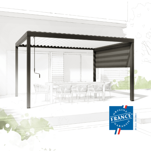Pergola Bioclimatique manuelle avec store 3x2 ESSENTIEL esquisse avec logo Origine France Garantie